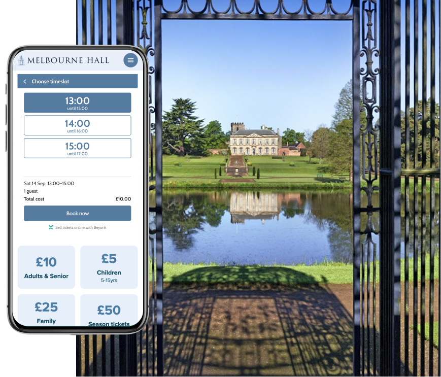 Melbourne Hall with a mobile view of Beyonk's online attraction POS software